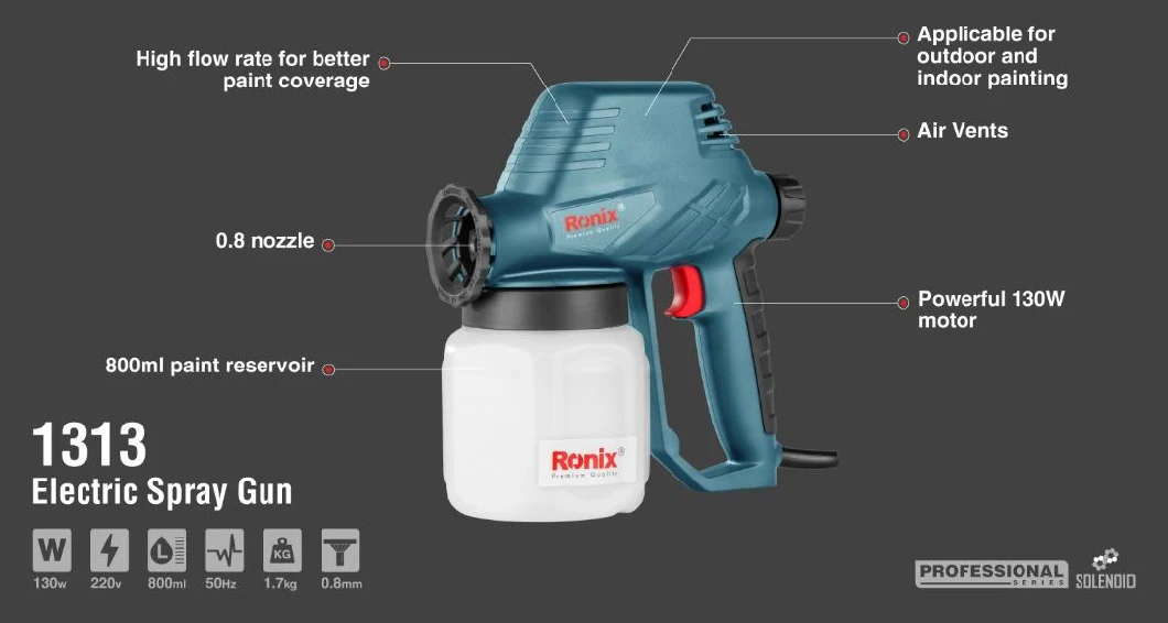 Ronix Hot Selling Model 1313 130W 800ml 0.8mm Mini Electric Spray Gun Machine Automatic Solenoid Spray Gun